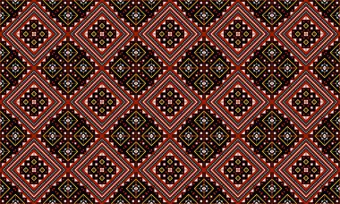 Koyu arkaplan yüzeyinde kırmızı, beyaz ve siyah renkli geometrik elmas deseni tekrarlanıyor