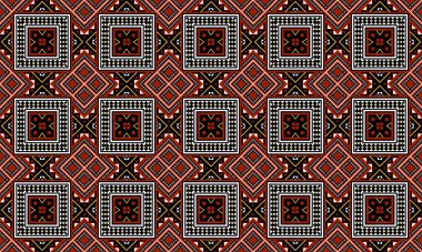 Kırmızı siyah ve beyaz tonlarında kareler ve elmaslarla bir geometrik desen detaylı bir tasarım yaratır.