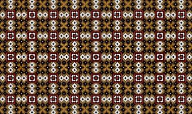 Kareleri, elmasları ve haçları çeşitli renklerde ve dokularda gösteren detaylı ve karmaşık bir geometrik desen.