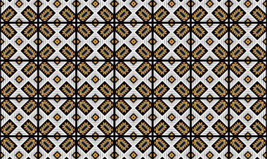 Siyah beyaz ve sarı renklerle simetrik bir düzende düzenlenmiş ayrıntılı, pürüzsüz geometrik desen.