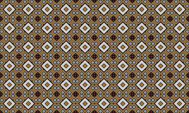 Kahverengi beyaz ve siyah renkli elmaslar ve çiçek şekilli bir geometrik desen. Sanat tekerrür ediyor.