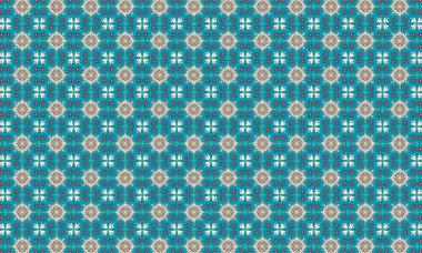 bir deniz mavisi arkaplanı simetrik bir dizaynda tekrarlayan çiçek şekilleri, haçlar ve kırmızı noktalar deseni içerir.