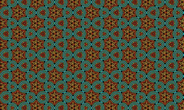 tekrarlayan yıldızları ve turuncu ve sarı renk şemalarını içeren karmaşık bir geometrik desen