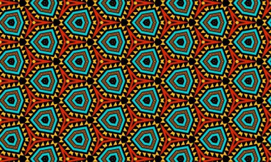 Turkuaz turuncu ve sarı şekilli bir geometrik desen kaleydoskop tarzında tekrar eder.