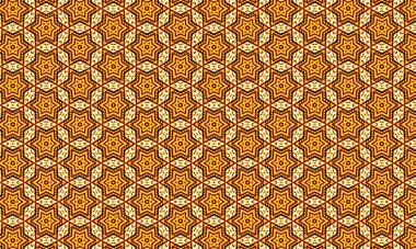 Turuncu ve kırmızı renkli bir yıldız deseni bir yüzey üzerinde karmaşık bir geometrik düzenleme dizaynı oluşturur