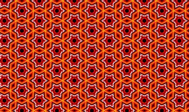 Çiçek merkezli kırmızı ve turuncu geometrik şekilleri içeren canlı ve tekrarlayan bir desen tasarım elementi