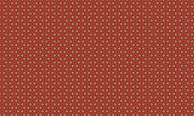 Simetrik dizaynda tekrarlayan altıgen ve yıldızları içeren canlı bir kırmızı ve altın geometrik desen.