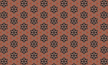Çerçeve boyunca kırmızı siyah ve bej renkli geometrik ve çiçekli kompleks tekrarlayan desen