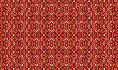 Tekrarlayan altıgenler ve üçgenlerle kırmızı ve altın geometrik desen görsel olarak zengin bir doku oluşturur.