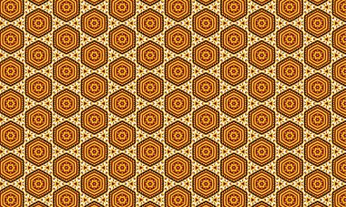 Açık renkli arkaplan yüzeyi üzerinde yıldız merkezleri olan turuncu ve kahverengi altıgenlerin tekrarlanan bir deseni