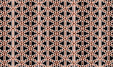 Siyah üçgenler ve dekoratif kenarları soyut bir düzende içeren tekrarlayan geometrik desen