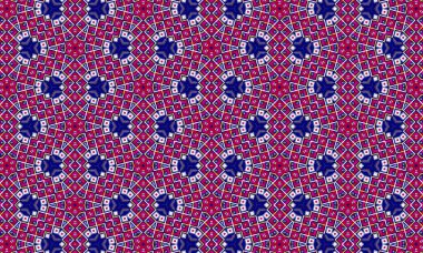 Kırmızı, beyaz ve lacivert renklerin hakim olduğu geometrik şekilli simetrik ve tekrarlayan bir desen.