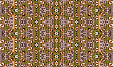 üçgenleri ve çiçekli elementleri içeren detaylı bir geometrik desen dünyevi renk paleti tasarımı sanatı
