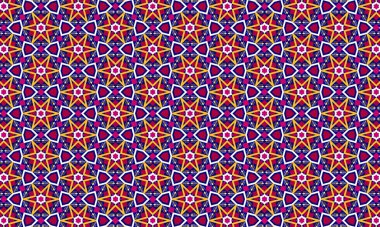 Yıldızların ve üçgenlerin renkli geometrik deseni tüm resim yüzeyinde eşit olarak tekrarlanıyor.