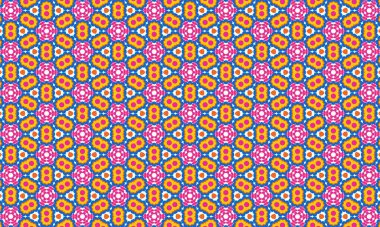 Pembe, turuncu ve sarı elementli canlı bir geometrik desen mavi arka planda, pürüzsüz ve dekoratif.