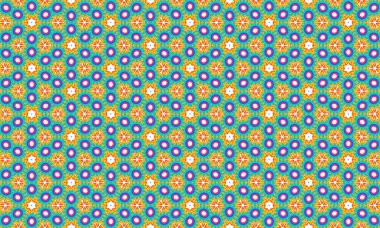 Renkli geometrik düzende çiçek ve dairesel motifler içeren canlı ve karmaşık bir desen.