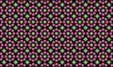 Pembe yıldızlı bir geometrik desen, yeşil daireler ve siyah arkaplanda elmaslar, pürüzsüz ve tekrarlayan