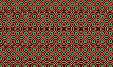 Kırmızı, yeşil ve sarı şekilli kusursuz bir geometrik desen. Kumaş, duvar kağıdı ve arka plan için mükemmel.