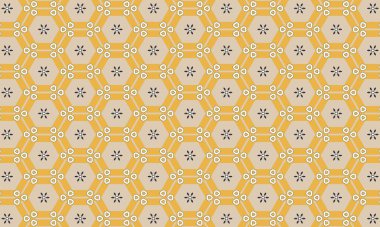 Tekstil tasarımı için sarı altıgenleri, küçük çiçekleri ve bej arkaplanı olan kusursuz geometrik desen