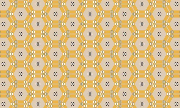 Tekstil tasarımı için sarı altıgenleri, küçük çiçekleri ve bej arkaplanı olan kusursuz geometrik desen