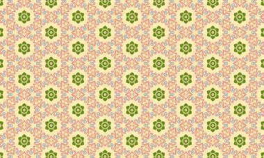 Yeşil çiçekli ve dekoratif sanatlı bir çiçek deseni. Bej bir arkaplanda kusursuz doku ve tekrarlayan tasarım