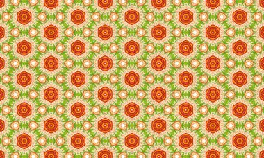 Turuncu ve yeşil renklerde kusursuz bir çiçek deseni, botanik tasarımı, tekrarlayan kaleydoskop çiçeği.