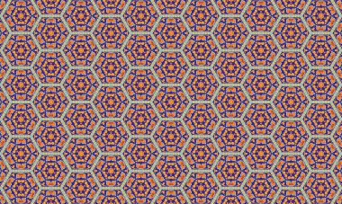 Mavi ve turuncu renklerde kusursuz bir altıgen desen. Tekstil, duvar kağıdı ve dekoratif arka plan için mükemmel.