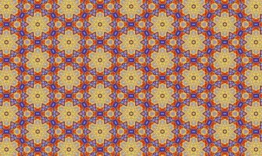 Sarı, kırmızı ve mavi renkli tekrarlanan çiçek deseni, tekstil baskısı ve duvar kağıdı tasarımları için ideal