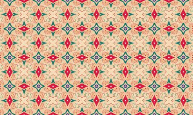 Kırmızı ve yeşil renklerde çiçekli ve geometrik şekilli kusursuz bir retro desen tasarımı.
