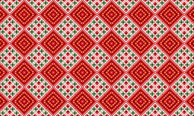 Canlı kırmızı ve yeşil elmas desenli, dikişsiz doku, geleneksel Ukrayna nakışı için mükemmel 100 char