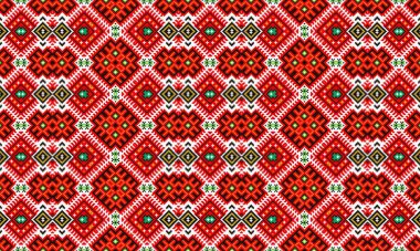 Kırmızı ve yeşil renklere sahip kusursuz etnik desen, vektör arkaplan, geleneksel tasarım, sanat dokusu