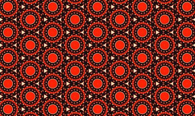 Kırmızı daireleri ve soyut şekilleri olan kusursuz bir model, tekstil tasarımı ve dijital arka planlar için mükemmel.