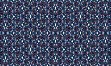Tekstil ve arkaplan sanat tasarımı için mavi ve kırmızı renk şemasına sahip kusursuz geometrik desen tasarımı