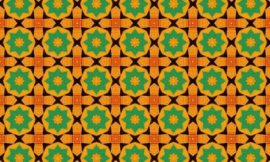 Yeşil ve turuncu renkli geometrik ve çiçeksel elementlerle canlı, pürüzsüz bir desen. Tekstil tasarımı için mükemmel.