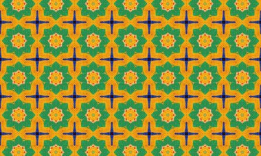 Kumaş tekstil ve duvar kağıdı arka plan tasarımı için yeşil sarı ve mavi renklerde kusursuz bir çiçek deseni tasarımıdır.