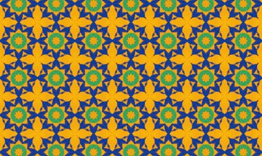 Altın, mavi ve yeşil renkli geometrik çiçek elementleri içeren canlı, pürüzsüz bir desen.