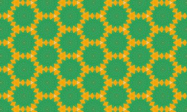 Yeşil daireleri ve tekstil ve duvar kağıdı sanatı için kırmızı geometrik şekilleri olan kusursuz bir kaleydoskop deseni.