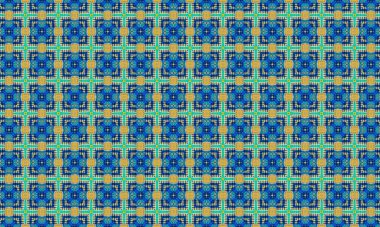 Mavi, altın ve yeşil renklerde kusursuz geometrik desen. Kumaş ve duvar kağıdı baskısı için mükemmel.