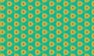 Yeşil zemin üzerinde sarı üçgenler ve mavi iç üçgenler olan kusursuz geometrik desen. 100