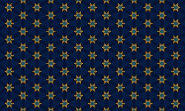 Altın, deniz mavisi ve koyu mavi tonlarda geometrik şekiller ve çiçek elementleriyle klasik, kusursuz bir desen.