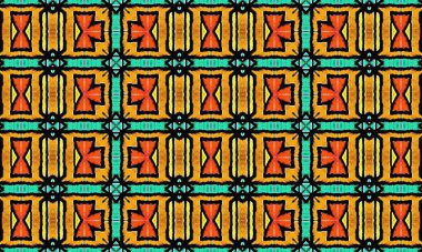 Altın, deniz mavisi ve koyu mavi tonlarda geometrik şekiller ve çiçek elementleriyle klasik, kusursuz bir desen.