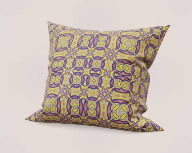 Bir dekoratif fırlatma yastığı, geometrik desenli sarı ve mor, ev dekorasyonu aksanları için mükemmel.