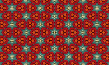 Kırmızı turuncu ve deniz mavisi renklerinde yıldızların geometrik şekillerini ve altıgenleri içeren canlı, pürüzsüz bir desen.