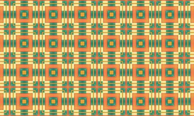 Turuncu ve yeşil renklerle tekrarlanan kare desen havalı bir geometrik tasarım elementi oluşturur