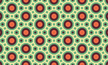 Çemberler ve sekizgenler içeren bir geometrik desen yeşil kahverengi turuncu sarı palet