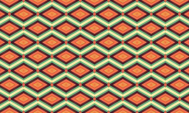 Turuncu, yeşil ve krem renkleri geometrik tasarım tarzında tekrar eden bir elmas deseni.