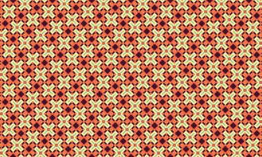 Turuncu bej, kahverengi ve yeşil renkli haç ve karelerin geometrik deseni resim boyunca tekrarlanır