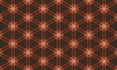 Kahverengi ve siyah geometrik desenli, üçgen şekilli ve çiçeksel elementli, tekrarlanmayan bir dizayn.