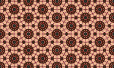 Bu resim, bej bir fon üzerinde kırmızı, turuncu ve siyah renklerin harmonik bir karışımını gösteren, tekrarlayan bir dizi halinde dizayn edilmiş çoklu dairesel tasarımlardan oluşan çarpıcı bir geometrik desen içerir..