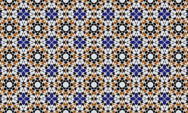 Bu resim, mavi, turuncu, siyah ve beyaz renklerde tekrarlayan geometrik şekillerle Fas tasarımını anımsatan renkli ve karmaşık bir fayans deseni içeriyor..